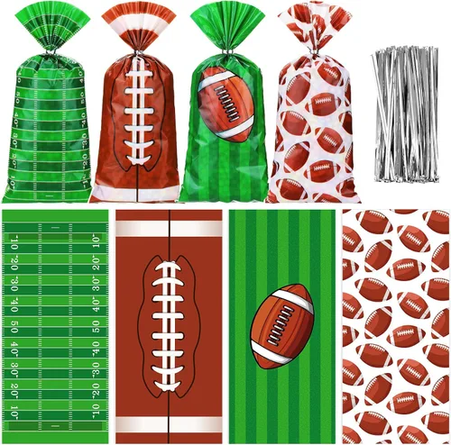 Miniatura 7 de Jetec 100 bolsas de celofán de fútbol americano marrón y verde, bolsas de regalo de fútbol con lazos para eventos de equipo deportivo, suministros