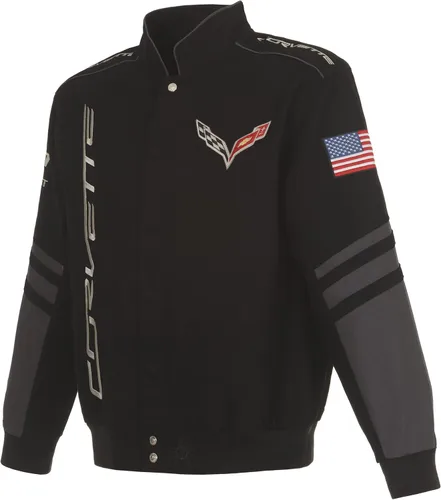 JH DESIGN GROUP Chaqueta de sarga de algodón bordada Chevy Corvette C7 para hombre C721 Negro