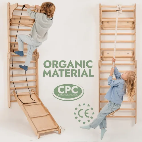 Miniatura 7 de Zona de juegos interior 6 en 1 para niños, pared sueca de madera, escalera de escalada, tobogán, columpio, anillos de gimnasia, pared de escalada