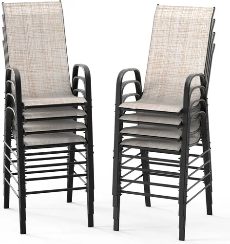 Miniatura 14 de VINGLI Juego de 4 taburetes de bar apilables para exteriores, sillas tipo honda con respaldo alto y reposabrazos, para césped, jardín, bar, gris