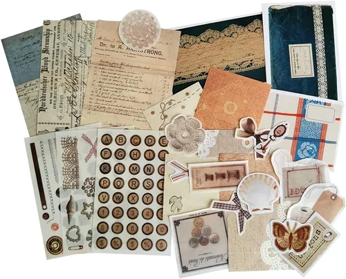 ZDOLAKIDS Vintage Scrapbooking Material Papel DIY Pegatinas Set Arco Botones Número Letra Decoración Etiqueta para Diario Scrapboo DIY Álbum