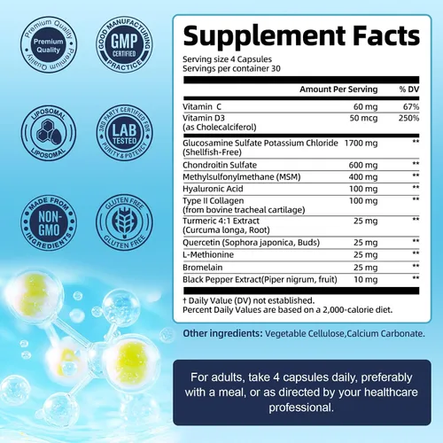 Miniatura 4 de Totaria Glucosamina liposomal condroitina MSM colágeno 3000 mg Suplemento de apoyo articular apoyo a la salud ósea flexibilidad y mantenimiento
