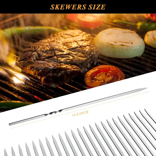 Miniatura 2 de Brochetas de metal para parrilla, paquete de 50 brochetas de 14.8 pulgadas, brochetas planas para barbacoa, juego de brochetas reutilizables