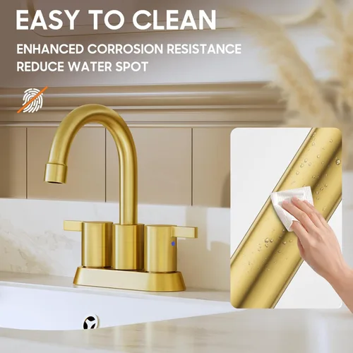 Miniatura 5 de Grifo de baño sin plomo de 4 pulgadas con 2 manijas de oro cepillado centrado, boquilla giratoria con drenaje emergente de cobre y 2 líneas