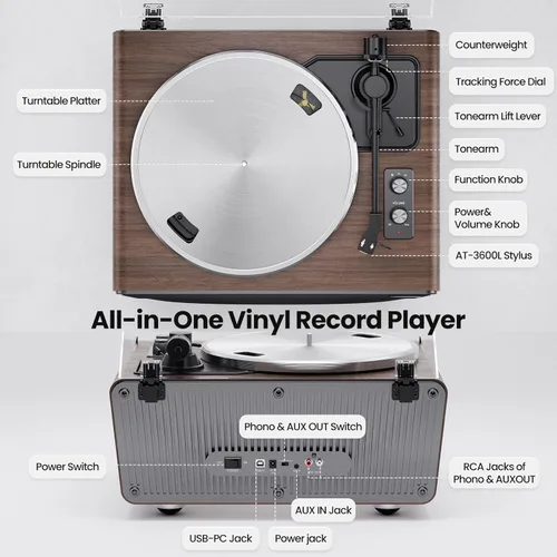 Miniatura 2 de Tocadiscos de vinilo todo en uno, tocadiscos Bluetooth integrado con 4 altavoces estéreo, preamplificador de teléfono, tocadiscos de alta fidelidad