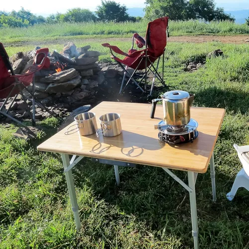 Miniatura 2 de Camco Mesa plegable Cuenta con parte superior de bambú natural y patas de aluminio plegables para almacenamiento y organización de caravanas