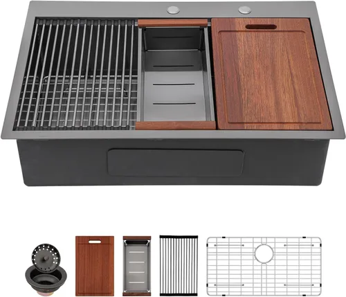 Miniatura 9 de Sarlai 15 Fregadero de Barra de 15x15 Pulgadas para Cocina, Fregadero de Barra de Acero Inoxidable de Calibre 16, Estación de Trabajo con Repisa
