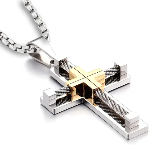 YL Collar de cruz para hombre de acero inoxidable 316L con colgante grande de Jesucristo, color blancodoradonegro, cadena Rolo para 20, 22, 24, 26,
