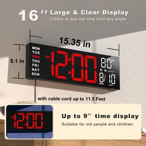 Miniatura 2 de JALL Reloj digital grande de montaje en pared de 16 pulgadas, temporizador de cuenta atrás, alarma, LED grande, color RGB, DST, temperatura
