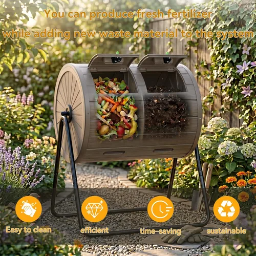 Miniatura 7 de DRATO Contenedor de compostaje para exteriores, 37.5 galones, para todas las estaciones, doble cámara para jardín, cocina, patio, exterior (gris)