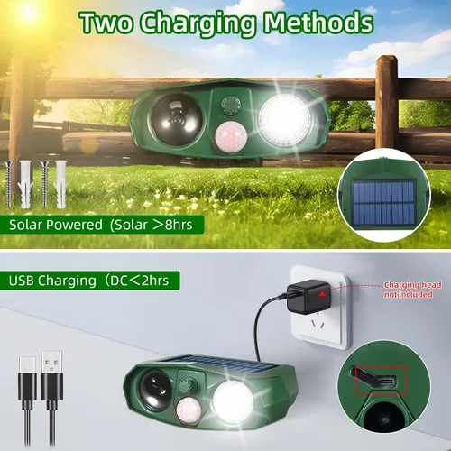 Miniatura 4 de Repelente solar de animales para exteriores, disuasorio ultrasónico de jardín con sensor de movimiento para gatos, ardillas y roedores, estaca