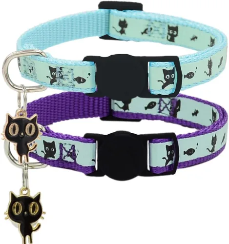 Miniatura 11 de Paquete de 2 collares para gatos que brillan en la oscuridad con campana, collares de seguridad para cachorros con colgante verde y amarillo