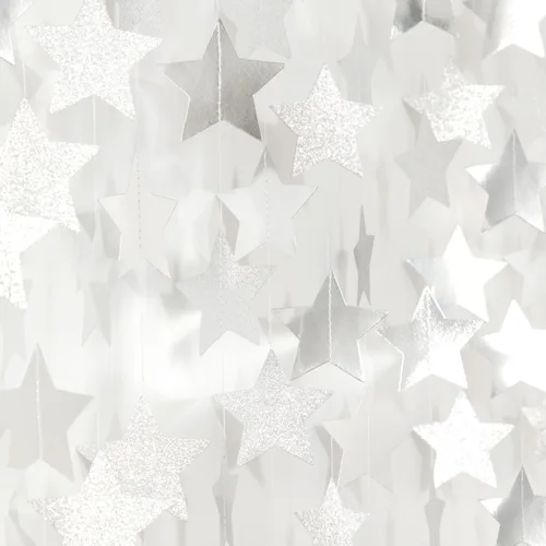 Miniatura 10 de Guirnalda de decoración de cumpleaños y graduación en negro y plata - 18.9 metros de serpentinas brillantes con purpurina y estrellas colgantes