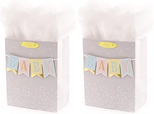 Miniatura 8 de Hallmark Bolsa de regalo mediana para bebé de 9 pulgadas con papel de seda, cartel de bebé en gris, rosa y azul para baby showers, nuevos padres