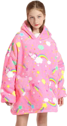 Manta con Capucha Vestible para Niños de 4-12 Años, Manta con Capucha de Animales de Tamaño Grande, Súper Suave, Cómoda, Cálida, Franela de Rainbow
