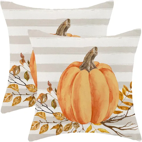 Miniatura 60 de AEIOAE - Juego de 2 fundas cuadradas de almohadones de lino para otoño con calabaza en tono naranja quemado y blanco, para decoración al aire libre