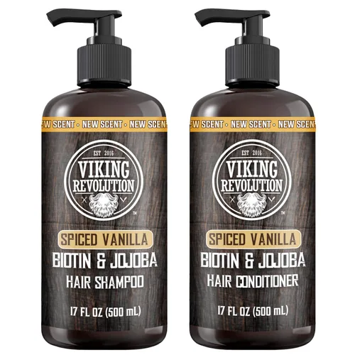 Viking Revolution Spiced Vanilla - Juego de champú y acondicionador para hombre con biotina y aceite de jojoba, champú natural para el cabello y