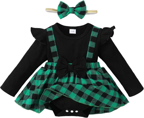 OPAWO Vestido de niña recién nacida con volantes de encaje de manga largacorta, vestido de niña de flores, mameluco acanalado para otoño e invierno