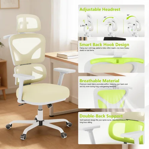 Miniatura 3 de Silla de oficina ergonómica de malla con soporte lumbar y reposacabezas, silla de computadora con respaldo alto con reposabrazos y bloqueo de Beige
