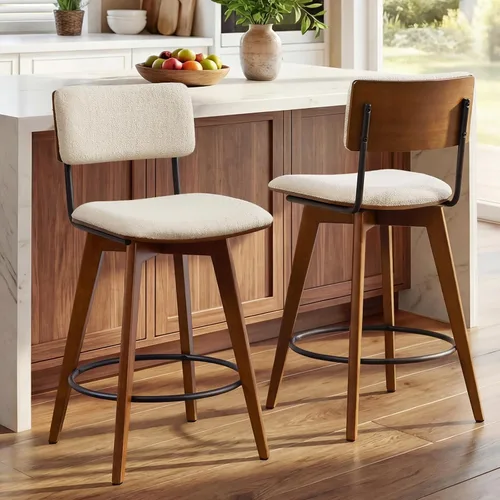 Miniatura 10 de ONEVOG Juego de 2 taburetes de bar giratorios de madera de 26 pulgadas de altura de mostrador, modernas sillas altas tapizadas para isla de cocina