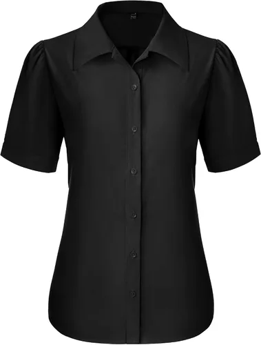 Miniatura 27 de Gleeivy Camisas de botones para mujer de manga corta abombada, camisas de vestir abotonadas con cuello ajustado, blusa superior de trabajo