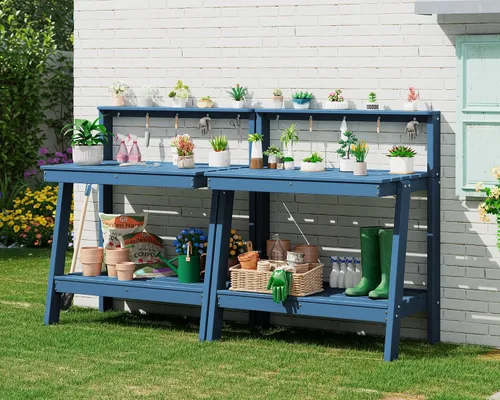 Miniatura 13 de SERWALL Banco de macetas para exteriores con fregadero extraíble, mesa para macetas de polietileno de alta densidad resistente a la putrefacción