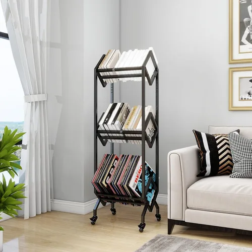 Miniatura 4 de VENNQD Estantería de metal industrial para libros, soporte de 3 niveles con ruedas, diseño moderno y elegante, revistas, archivos, álbum de recetas