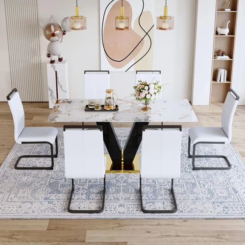 Miniatura 2 de Juego de mesa de comedor de 71 pulgadas para 6, moderno juego de mesa de comedor para 6, mesa de comedor de mármol con 6 sillas de comedor de piel