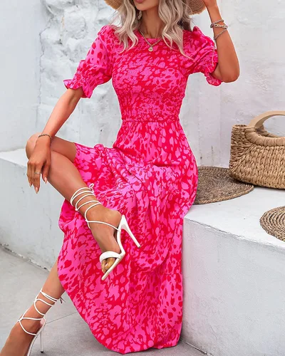 Miniatura 75 de BTFBM Vestidos para mujer, cuello redondo, casual, de verano, con volantes, manga corta, bohemio, con niveles, fruncido, largo, con estampado floral