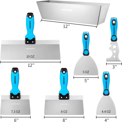 Miniatura 2 de KEZERS Kit de herramientas manuales para paneles de yeso, 7 piezas de 3, 4, 5, 6, 8 y 12 pulgadas, cuchillo de acero inoxidable para paneles de yeso