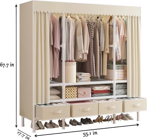 Miniatura 3 de Armario portátil para colgar ropa, perchero con funda, armario portátil con 3 varillas para colgar, 6 estantes de almacenamiento y 4 cajones, 55.1