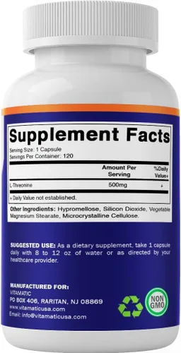 Miniatura 8 de Vitamatic L-treonina 500mg - 120 cápsulas vegetales promueve la función saludable del hígado, cardiovascular y estructural