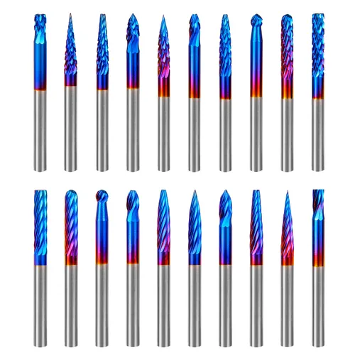 Hakkin Juego de 20 rebabas rotativas de carburo, fresas de extremo CNC, vástago de 1/8 pulgadas, molino de extremo de nariz de bola de revestimiento