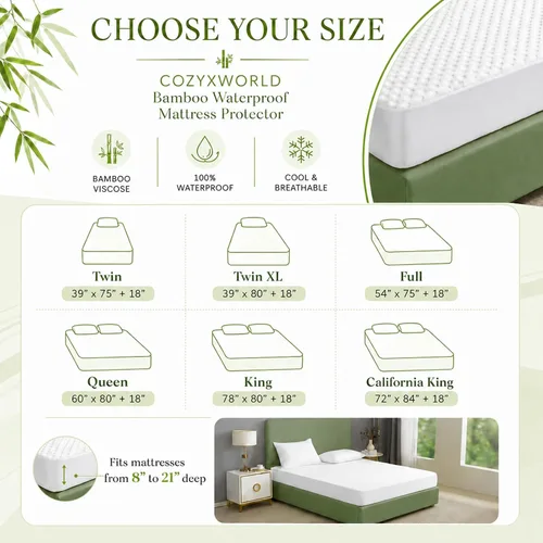 Miniatura 4 de Protector de colchón impermeable tamaño individual – Funda de colchón de viscosa de bambú refrescante, tela de aire 3D silenciosa, bolsillo profundo