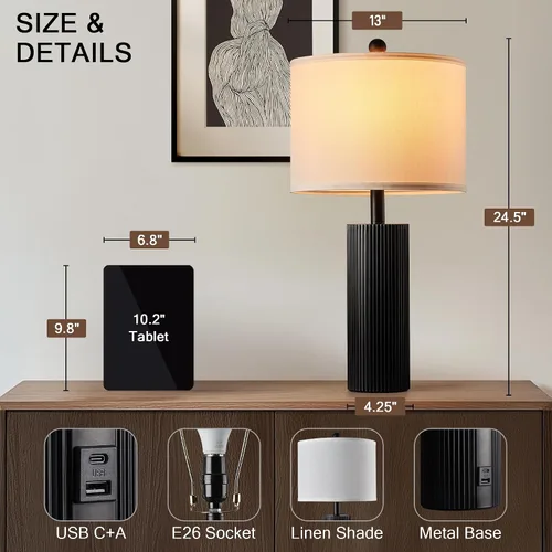 Miniatura 2 de Juego de 2 lámparas negras de 24.5 pulgadas, modernas lámparas de mesa para sala de estar con puertos USB C+A, lámparas táctiles creativas a rayas
