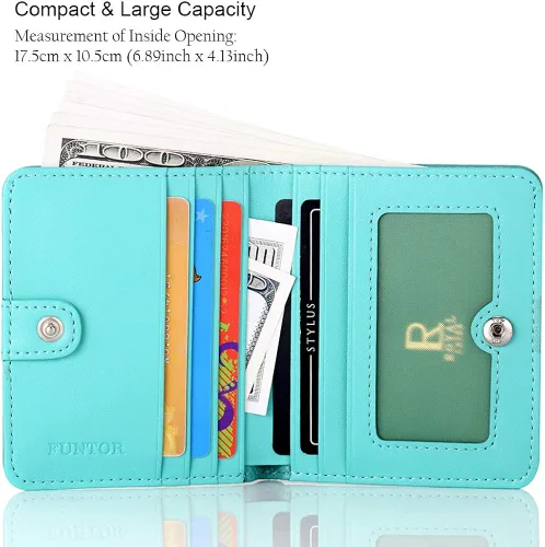Miniatura 2 de Funtor Cartera de cuero para mujer, pequeña y compacta, con bolsillo doble, bloqueo RFID, para mujer