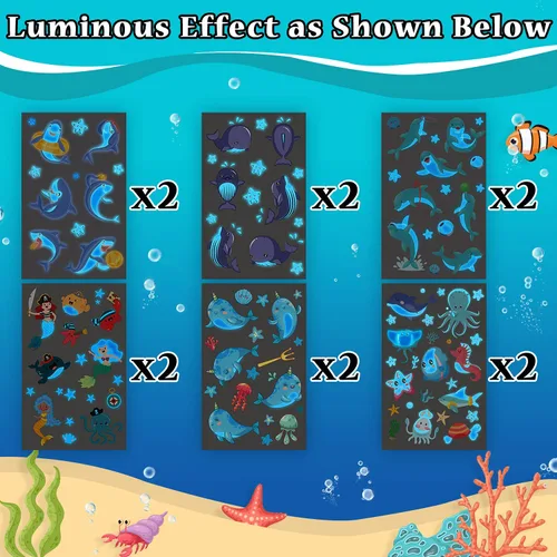 Miniatura 3 de Partywind Tatuajes temporales azules luminosos bajo el mar para niños, 170 estilos que brillan en el océano, playa, piscina, fiesta de cumpleaños