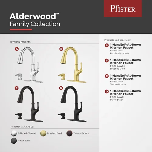 Miniatura 5 de Pfister Alderwood - Grifo de cocina con rociador extraíble y dispensador de jabón, de una sola manija, certificado NSF, acabado en oro cepillado