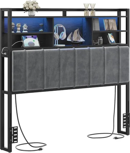 Miniatura 8 de Hzuaneri Cabecero con estantes de almacenamiento de 3 niveles, tablero de cabecera tapizado de terciopelo con 2 tomas, puertos USB y luz LED