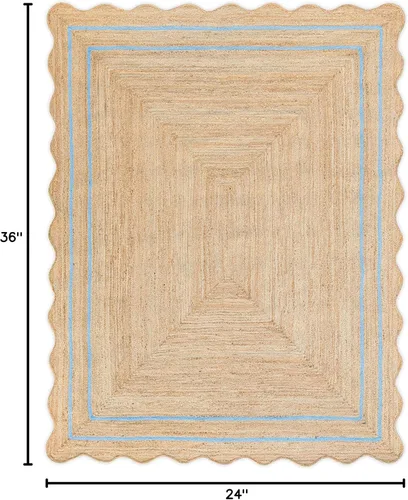 Miniatura 2 de Alfombra de Yute Natural Ondulada Festoneada - Corredor de Entrada Boho, Festón de Granja, Azul Cielo (2'x3')