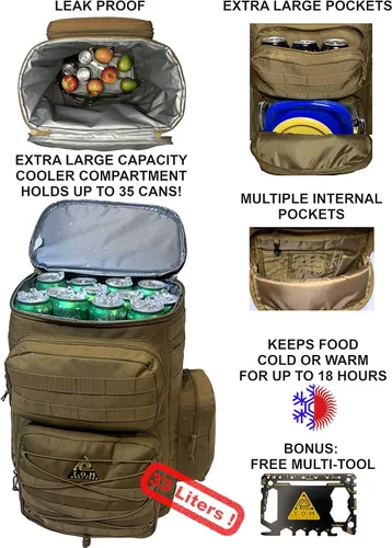 Miniatura 2 de Mochila enfriadora, táctica, aislada. Resistente, extra grande, a prueba de fugas para senderismo, camping, playa. Bono, herramienta multiusos