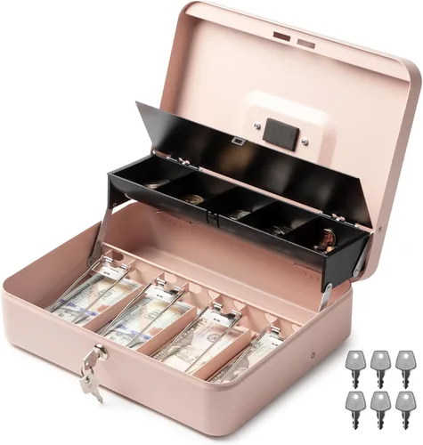 Miniatura 10 de Volcora Caja Grande de Dinero con Cerradura de Llave, Caja de Dinero de Metal para Efectivo, Caja de Seguridad con Cerradura Portátil y Bandeja
