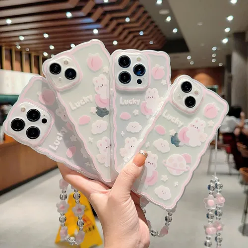 Miniatura 3 de Funda compatible con iPhone 15, patrón de conejo melocotón de dibujos animados lindo con bonito diseño de cadena, para mujeres y niñas, funda kawaii