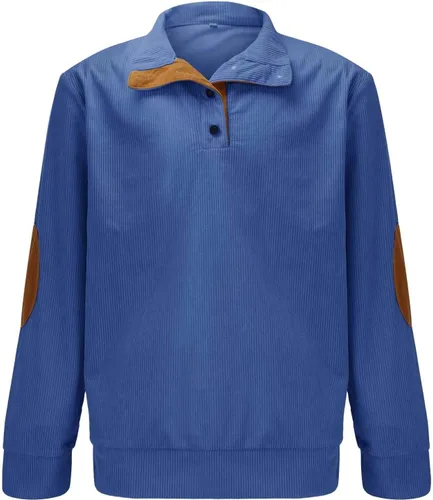Miniatura 2 de Sudadera polo de pana para hombre, manga larga, rasgada, texturizada, suéter Vinatge con parches y botones