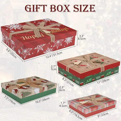 Miniatura 2 de Cajas de regalo de Navidad con tapas para regalos, juego grande de 4 cajas de regalo a granel rojo y marrón en varios diseños con lazos, decoración