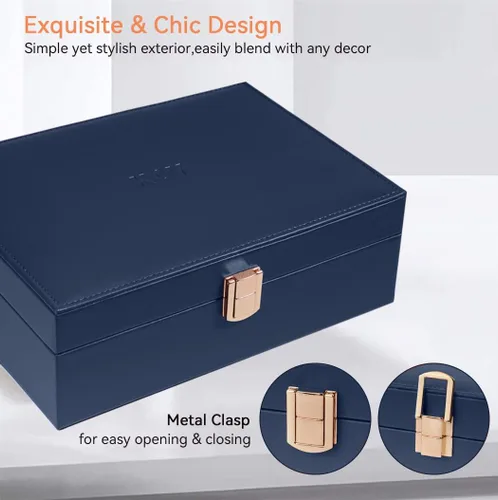 Miniatura 5 de KCY Organizador de joyas para mujeres y niñas estuche grande de cuero sintético con soporte de exhibición de 2 capas y bandeja extraíble para aretes