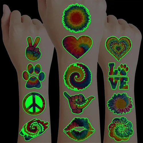 96 piezas de tatuajes temporales luminosos precortados con teñido anudado que brillan en la oscuridad, suministros de fiesta temática de cumpleaños,