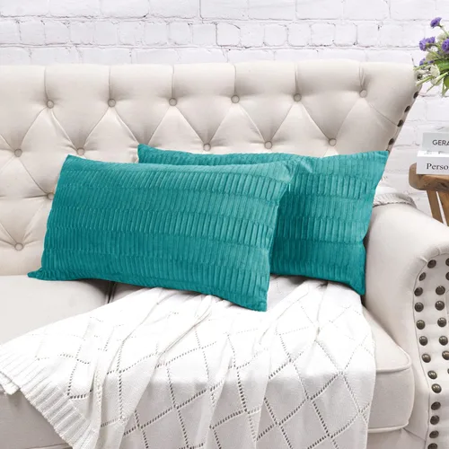 Miniatura 8 de Juego de 2 fundas de almohada decorativas de terciopelo a rayas plisadas de 14 x 26 pulgadas, funda de cojín rectangular suave y elegante para sofá