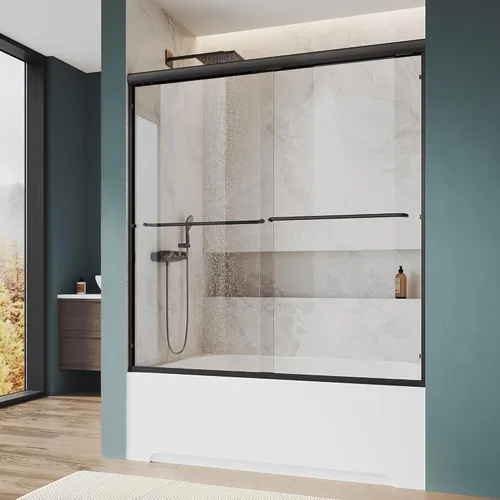Miniatura 13 de ELEGANT 58.5-60 pulgadas de ancho x 57 3/8 pulgadas de alto, puertas corredizas de vidrio para bañera, puerta de ducha semi-sin marco con vidrio