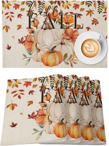 Manteles individuales para mesa de comedor, juego de 4 manteles individuales para otoño, Acción de Gracias, calabaza, flor y girasol, manteles para